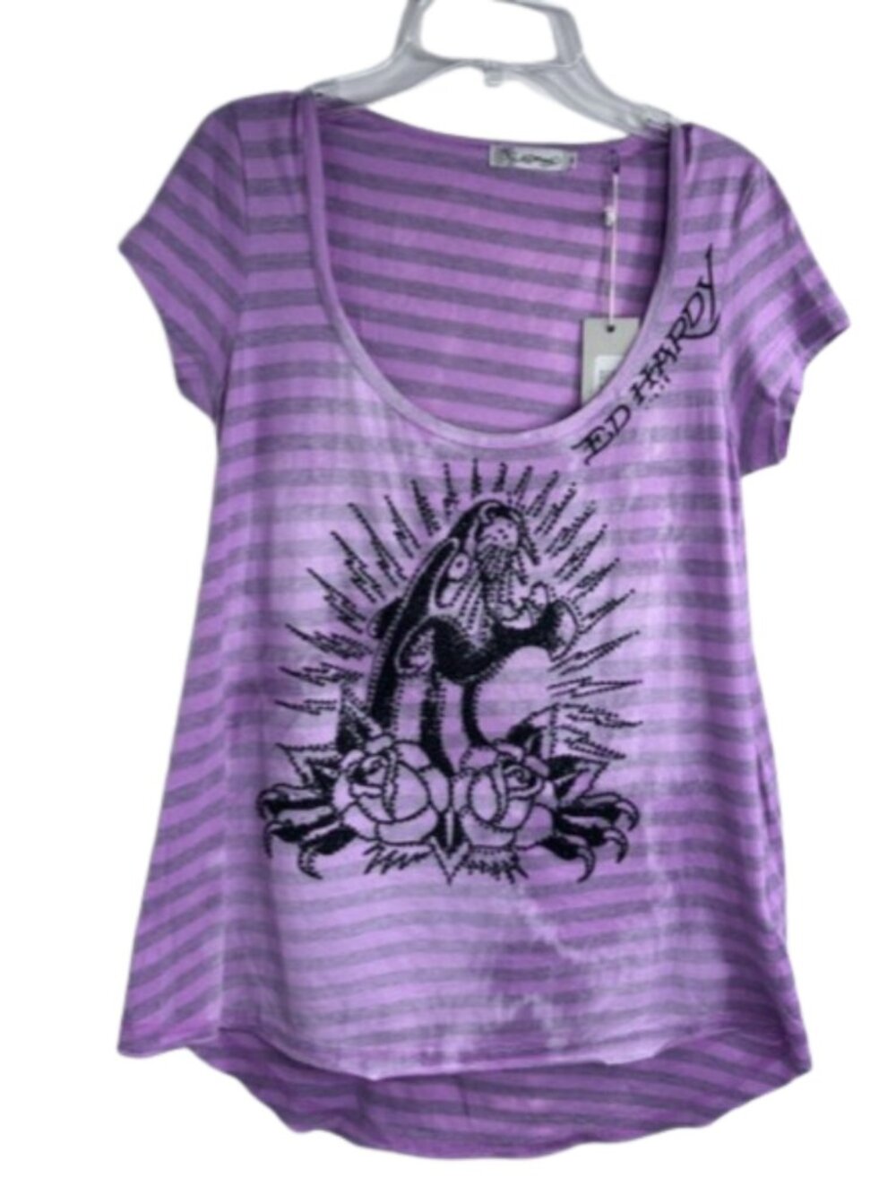 Ed Hardy Panther Rose Tie Dye Oversized Tunic Tee Size XS Violet/Gray NWT $129